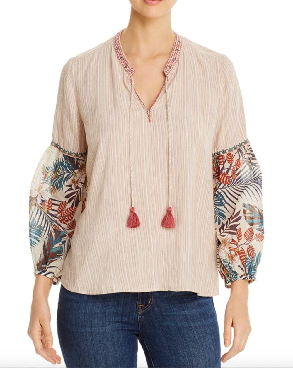 Johnny Was Effortless Peasant Top Puff Tropical Floral Tassel-Tie Split Neck 1X